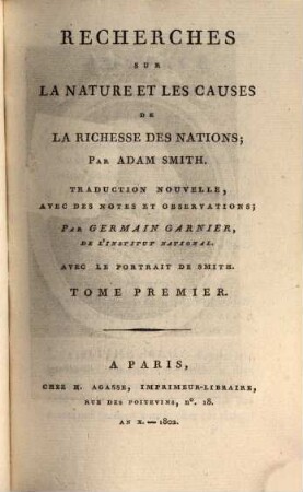 Recherches sur la nature et les causes de la richesse des nations, 1