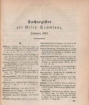 Sachregister zur Gesetz-Sammlung. Jahrgang 1862