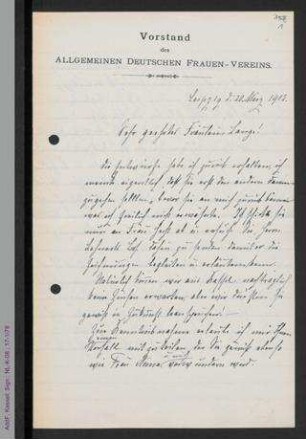 Brief von Johanna Brandstetter an Helene Lange