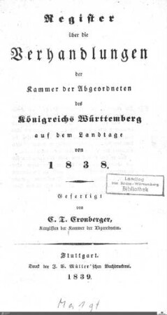 1,10: Landtag Württemberg - Kammer 2, Register 1838