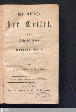 Dritter Band: Grundsätze der Kritik Elements of criticism 