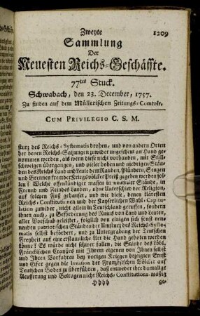 77tes Stuck. Schwabach, den 23. December, 1757.