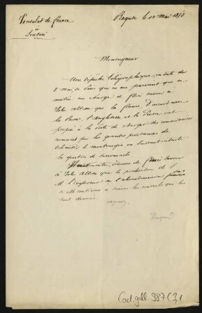 52 Briefe, Originale bzw. Abschriften: Diplomatische Korrespondenz der Hauptakteure der Montenegropolitik der Jahre 1857-1861 - BSB Cod.gall. 987(1-5, Teil 3,1. The Hyacinthe Hecquard - Prince Danilo I correspondence, 1858 (5 pieces of correspondence written during the dramatic first half of 1858), Nr. 1: Hyacinthe Hecquard (Ragusa) to Prince Danilo I, March 12, 1858 - BSB Cod.gall. 987(3,1