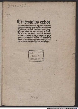 Tractatulus exhortatorius ad attendendum super decem defectibus virorum monasticorum : mit Gedicht an die Benediktiner von Heinrich Bebel