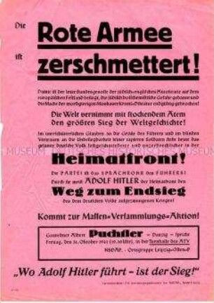 Flugblatt mit der Verkündung des "Sieges" über die Sowjetunion und Aufruf zu einer Massenversammlung