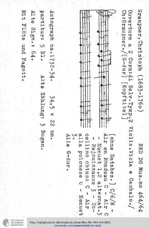 Ouverture a 2 Corn: di Selv. Tymp. 2 Violin. Viola e Cembalo. / Ch: Graupner.