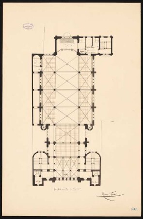Synagoge, Berlin Monatskonkurrenz Oktober 1888 (wahrscheinlich Originalzeichnung): Grundriss in Höhe der Emporen 1:100