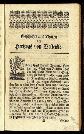 Geschichte und Thaten des Hertzogs von Belleisle.