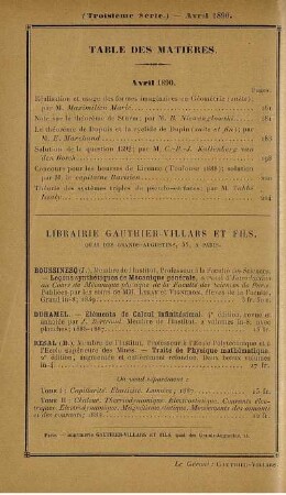Table des matières. Avril 1890.