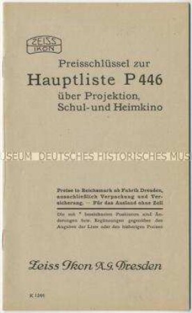 Preisliste zum Katalog 1930/1931 über Projektoren, Schul- und Heimkinogeräte