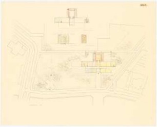 Amerika-Gedenkbibliothek, Berlin-Kreuzberg Wettbewerb: Lageplan mit Grundrissen des Erdgeschoss, Obergeschoss, Turmgeschoss, Kellergeschoss, 1:500