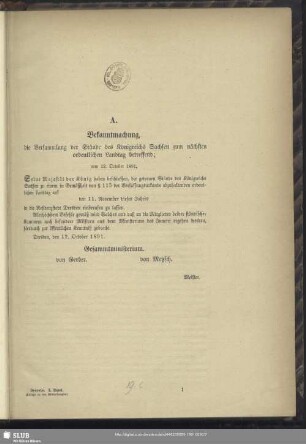 A. Bekanntmachung, die Versammlung der Stände des Königreichs Sachsen zum nächsten ordentlichen Landtag betreffend; vom 12. October 1891