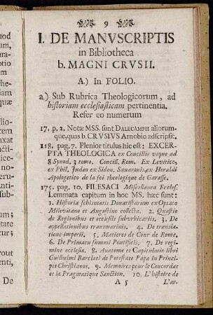 I. De manuscriptis in Bibliotheca b. magni crusii.