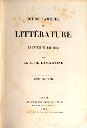 Cours familier de littérature : un entretien par mois, Tome neuvième
