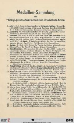Medaillen-Sammlung des Königl. preuss. Münzmedailleurs Otto Schultz-Berlin (Nr. 1-608)