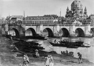Dresden vom rechten Elbufer unterhalb der Augustusbrücke : Canaletto: Dresden vom rechten Elbufer unterhalb der Augustusbrücke, 1748