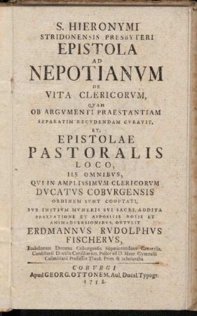 S. Hieronymi Stridonensis Presbyteri Epistola Ad Nepotianvm De Vita Clericorvm