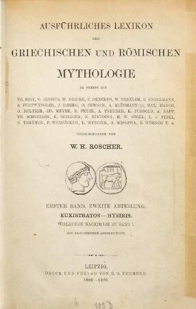 Ausführliches Lexikon der griechischen und römischen Mythologie, 1,2. Euxistratos - Hysiris : vorläufige Nachträge zu Band I
