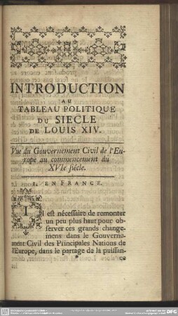 Introduction Au Tableau Politique Du Siecle De Louis XIV.