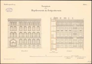 Dienstgebäude für das Korpskommando der Landgendarmerie, Berlin-Moabit: Dienstgebäude: Querschnitt mit Hinterfront, Straßenansicht 1:100