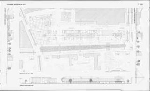 Neugestaltung der Spreeufer von Friedrichshain und Kreuzberg, Berlin Schinkelwettbewerb 1991: Ansicht Stralauer Platz, Schnitt Bahnhofsvorplatz