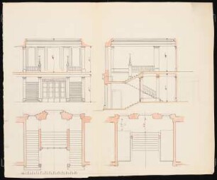 Schloss Ranzin: Details Innenräume, Vestibül mit Treppenanlage. Ansicht, Schnitte, Grundriss Erd- und Obergeschoss