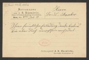 Brief an Ludwig Strecker , Mainzer Liedertafel und Damengesangverein : 08.07.1899