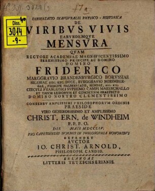 Dissertatio Inavgvralis Physico-Historica De Viribvs Vivis Earvndemqve Mensvra