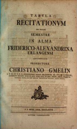 Tabvla recitationvm per instans semestre in Akademia Regia Friderico-Alexandrina Erlangensi institvendarvm. 1777, SS 1777
