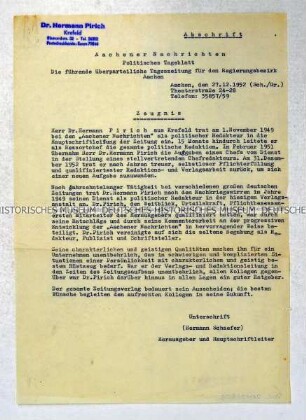 Abschrift eines Zeugnisses für Hermann Pirich anlässlich seines Ausscheidens aus der Redaktion der "Aachener Nachrichten"