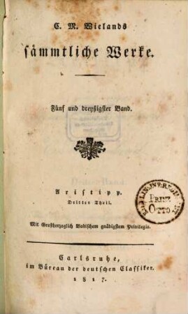 C. M. Wielands sämmtliche Werke. 35. - Aristipp ; Theil 3. - 1817. - 280 S.
