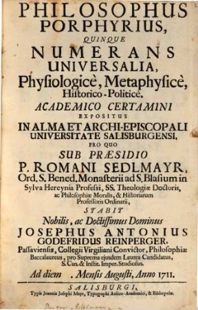 Philosophus Porphyrius, Quinque Numerans Universalia, Physiologicè, Metaphysicè, Historico-Politicè