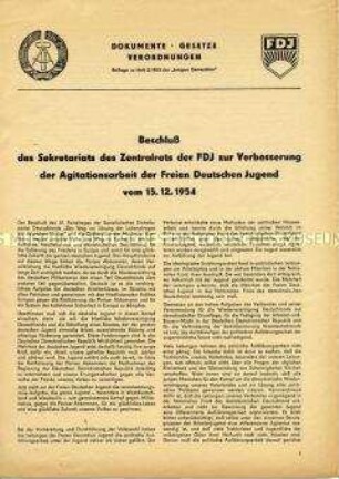 Sonderdruck mit dem Beschluß des FDJ-Zentralrates zur Verbeserung der Agitationsarbeit (Beilage der Zeitung "Junge Generation")