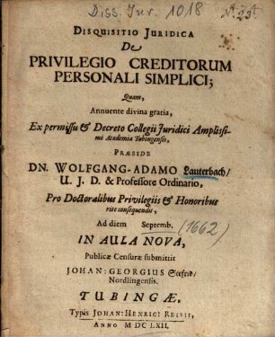 Disquisitio Juridica De Privilegio Creditorum Personali Simplici