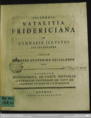 Sollemnia Natalitia Fridericiana In Gymnasio Illustri Pie Celebranda Indicit