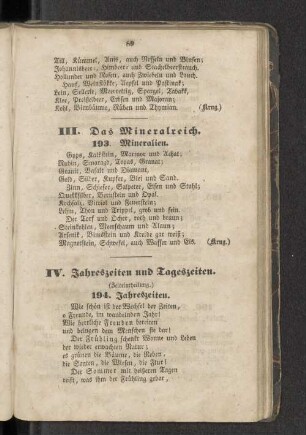 III. Das Mineralreich. IV. Jahreszeiten und Tageszeiten.