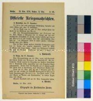 Kriegsdepesche des Norddeutschen Bundes über die Kriegsereignisse vom 26.-27.11.1870 bei La Fère, Orléans und Pasques