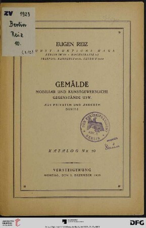 Gemälde, Mobiliar und kunstgewerbliche Gegenstände usw. aus privatem und anderem Besitz : Versteigerung 3. Dezember 1923 (Katalog Nr. 10)