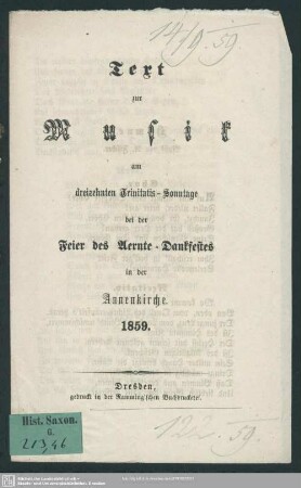 Text zur Musik am dreizehnten Trinitatis-Sonntage bei der Feier des Aernte-Dankfestes in der Annenkirche