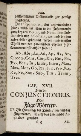 Cap. XVII. Von den Conjunctionibus. Ode Füge-Wörtern.