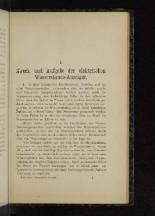 I. Zweck und Augabe der elektrischen Wasserstands-Anzeiger.