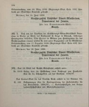68. Ministerial-Bekanntmachung, betreffend Wechsel in der Hauptagentur der Versicherungs-Aktien-Gesellschaft Securitas in Berlin