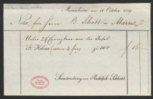 [Rechnung] Nota für Herrn B. Schott in Mainz