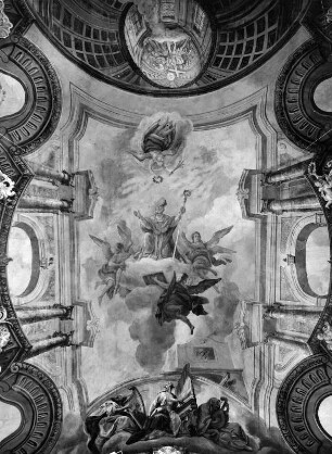 Glorie des Heiligen Epimachus : Glorie des Heiligen Epimachus. Fresko (1745; F. G. Hermann). Stöttwang, Pfarrkirche Sankt Gordian und Epimachus