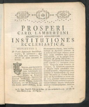 Prosperi Card. Lambertini Archiepiscopi Bononiensis Institutiones Ecclesiasticae