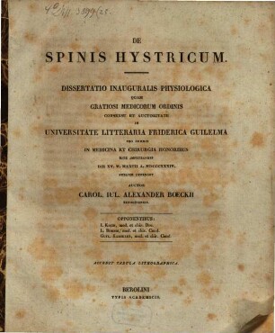 De spinis hystricum : Diss. inaug. physiol. ; cum tab. lith.