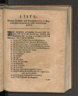 [Liste von Toten, Verwundeten und Gefangenen nach der Schlacht von Höchstädt.]