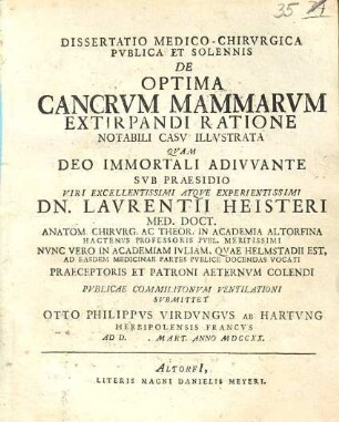 Dissertatio Medico-Chirvrgica Pvblica Et Solennis De Optima Cancrvm Mammarvm Extirpandi Ratione : Notabili Casv Illvstrata