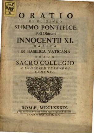 Oratio de eligendo summo pontifice post obitum Innocentii XI.
