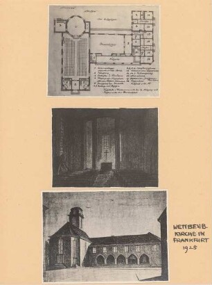 Kirche, Frankfurt/Main: Grundriss EG, Perspektivische Innenansicht, Ansicht